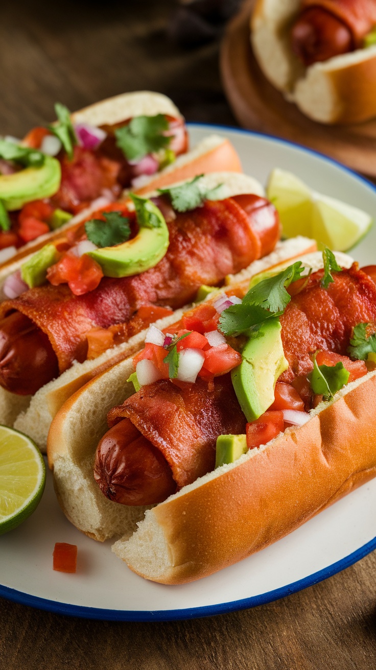 Bacon wrapped Mexican hot dogs topped with fresh ingredients on a rustic table.